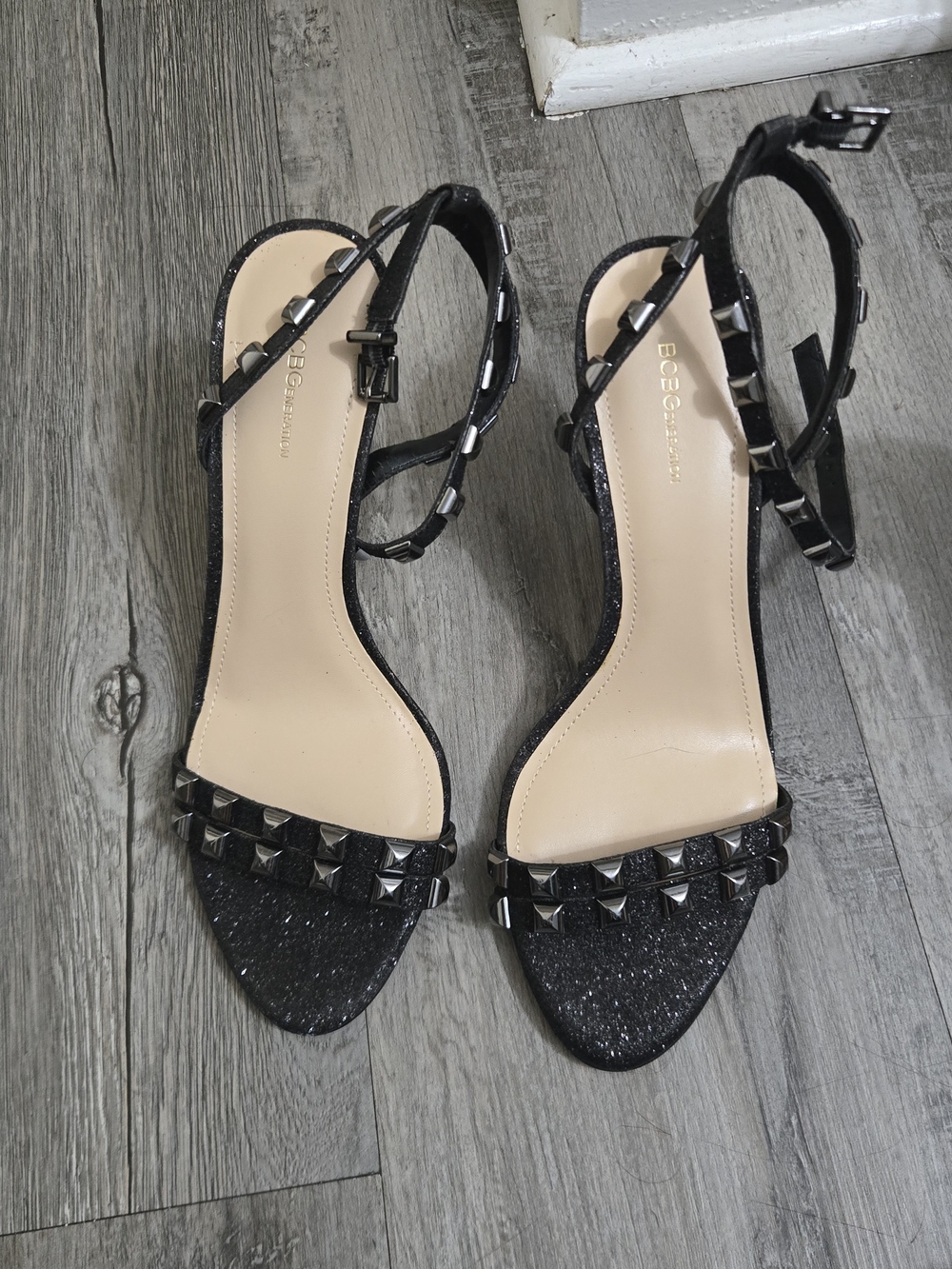 BCBGeneration Black Studded Ankle-Strap Sandals